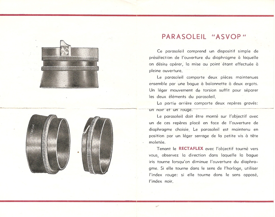 Accessoire pour Rectaflex. Pare soleil ASVOP. Bel état. For 50/1.8 S1